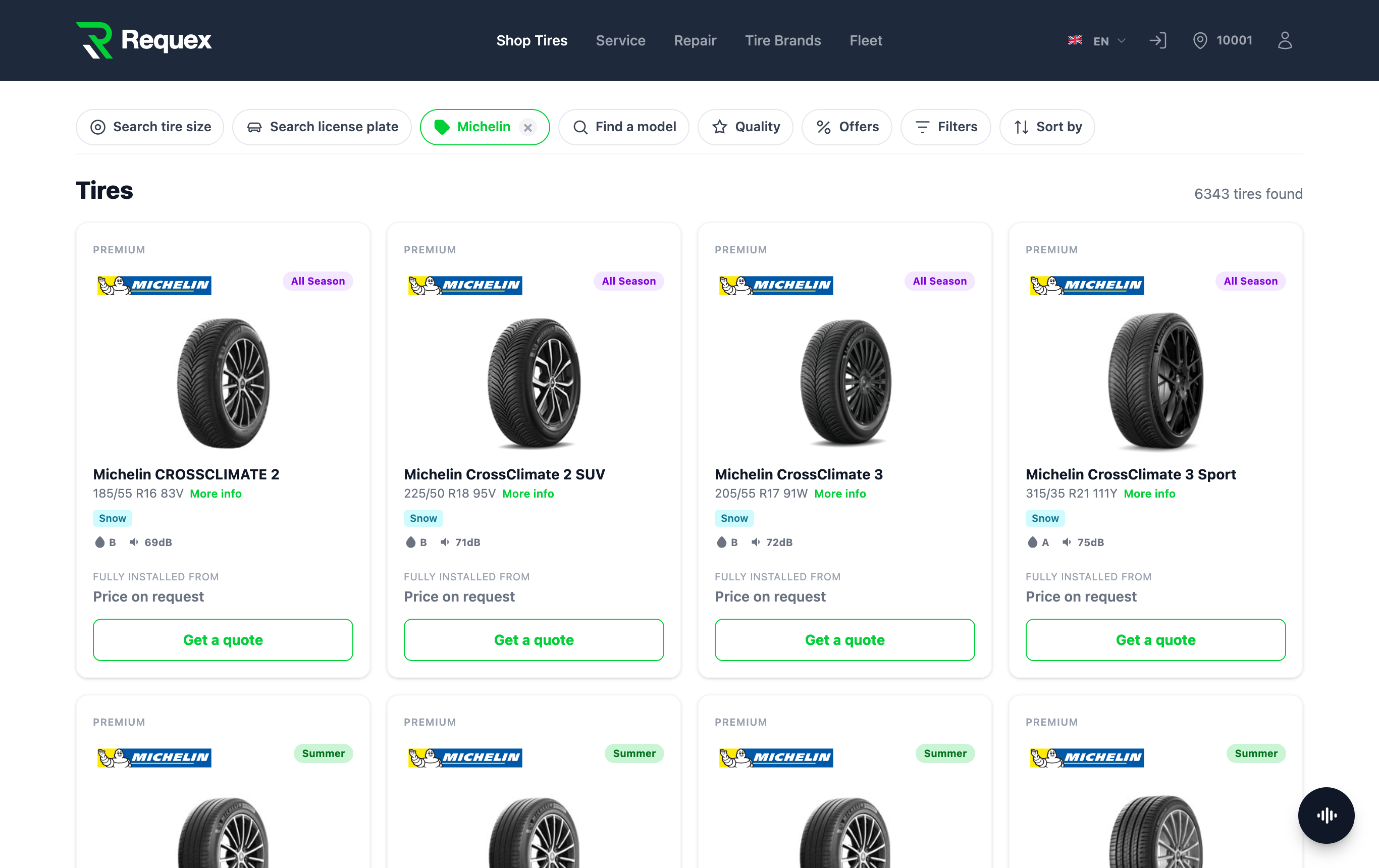 The tire catalog in your Requex workspace