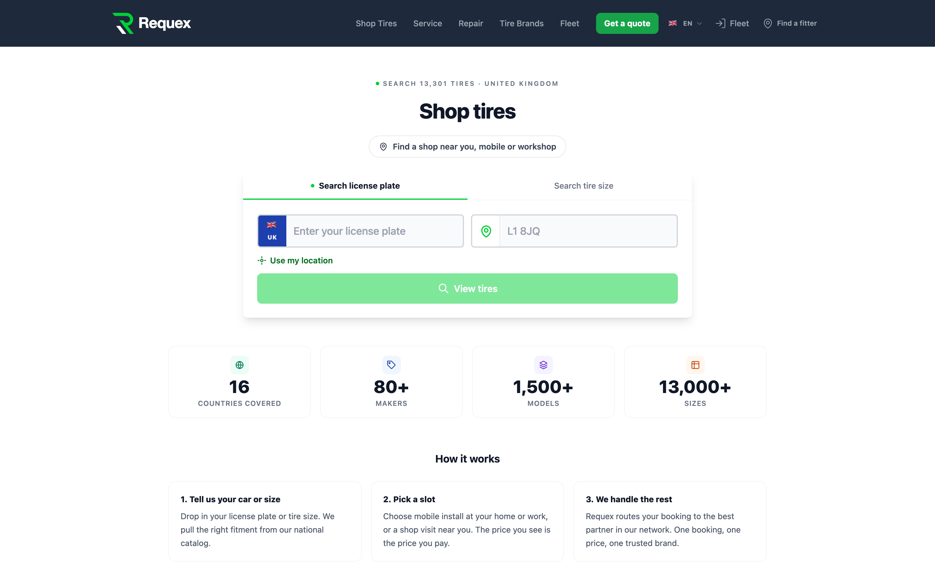 The Requex marketplace storefront where customers shop tires and book fitting