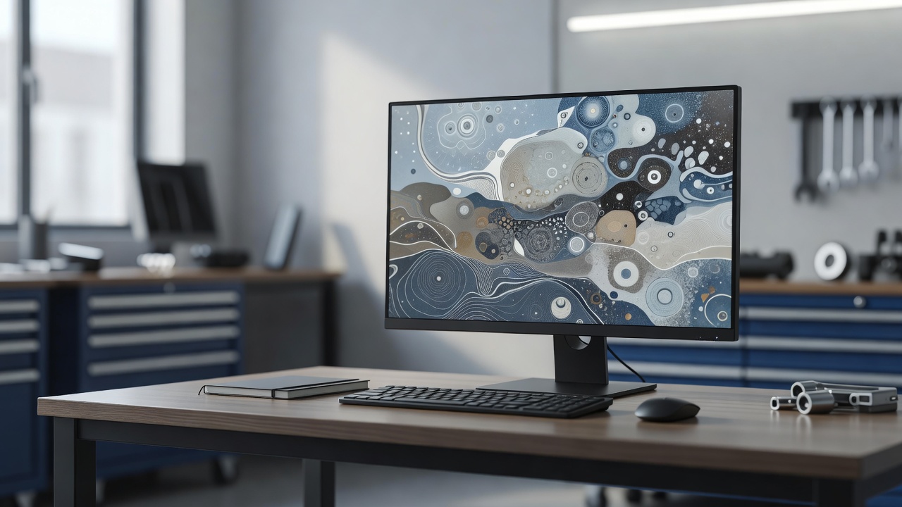 A screen on a auto shop office desk showing an abstract interface