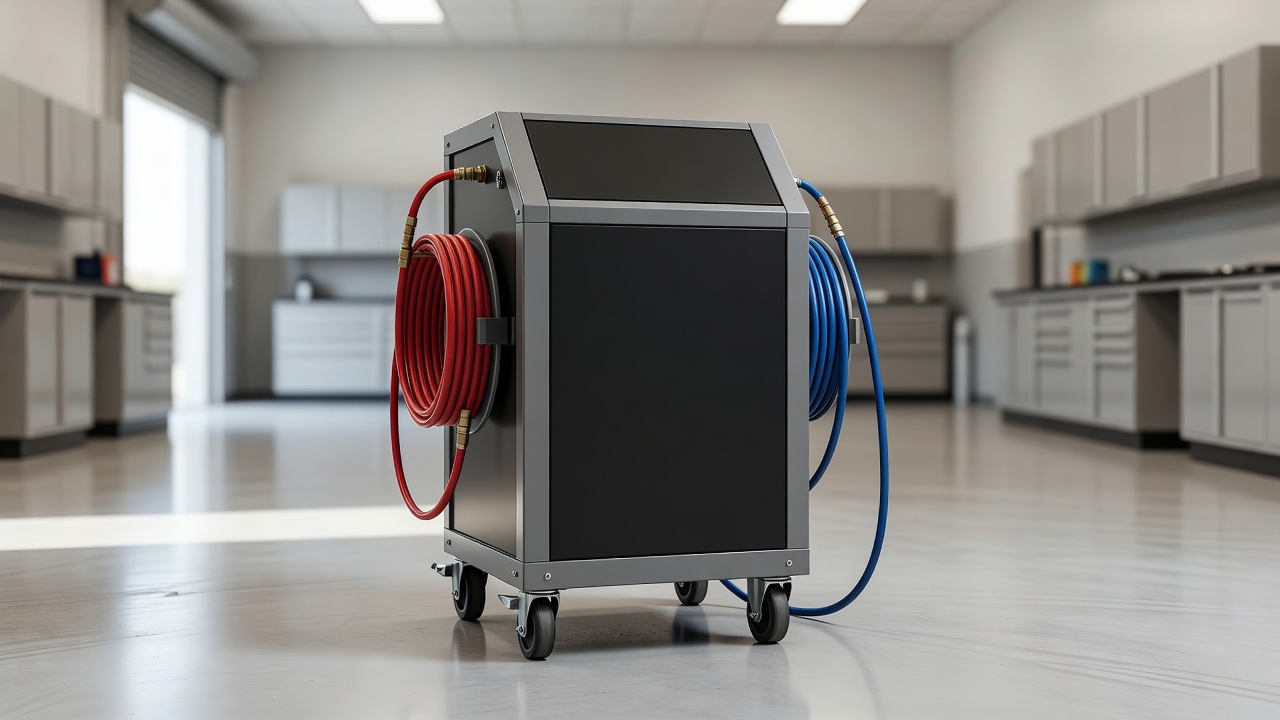 An air conditioning service machine in a auto shop bay