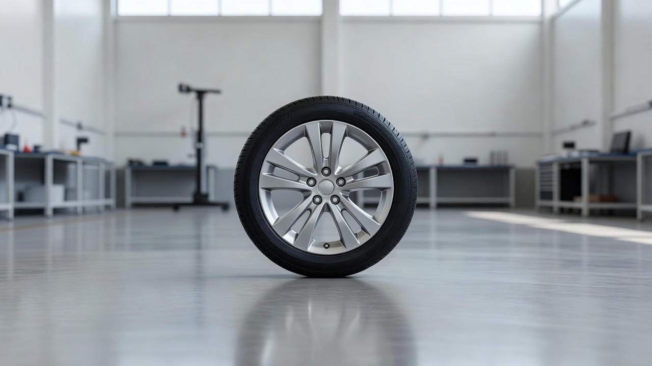 A wheel and hub viewed straight on in a auto shop
