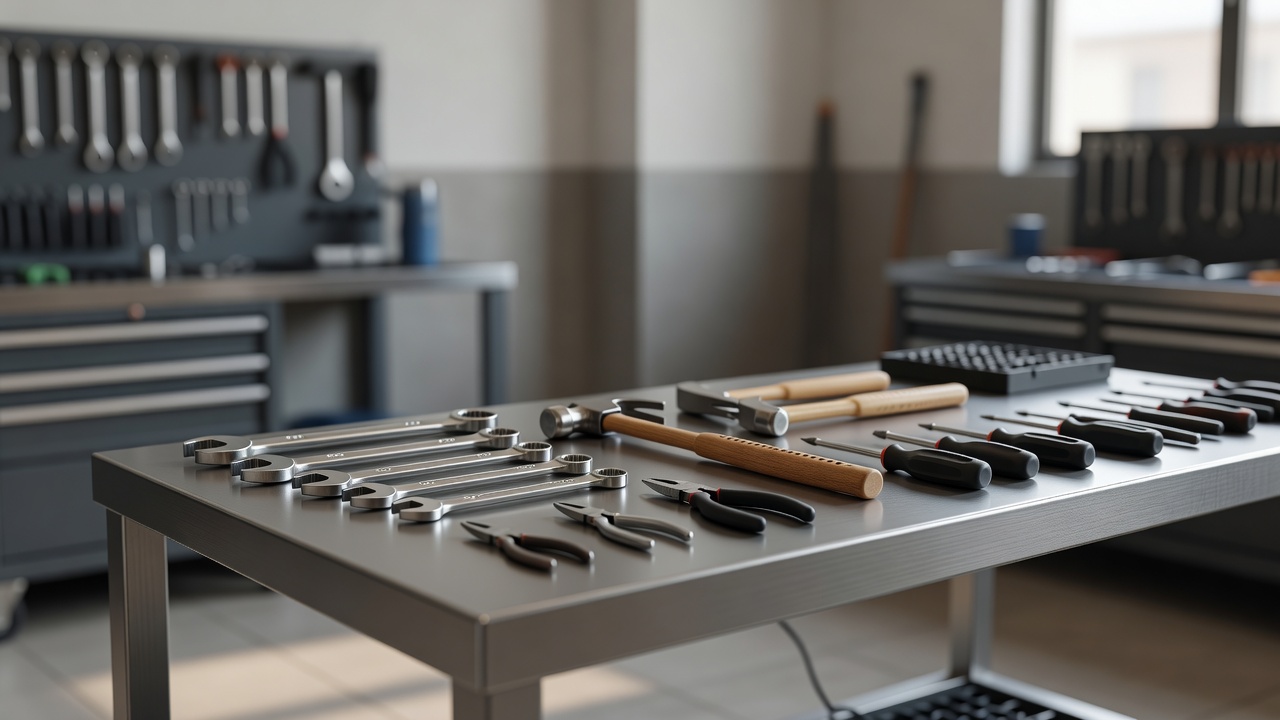 A clean workbench with hand tools laid out ready