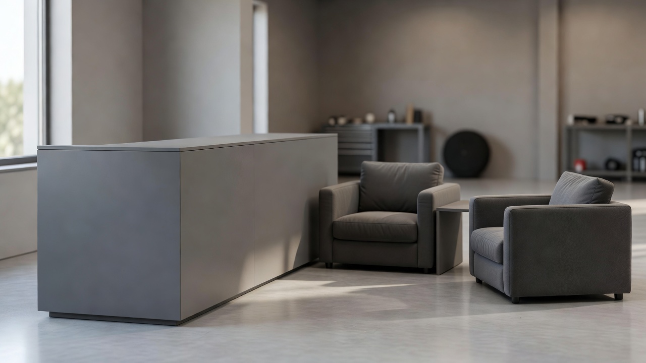 A quiet auto shop reception area with seating
