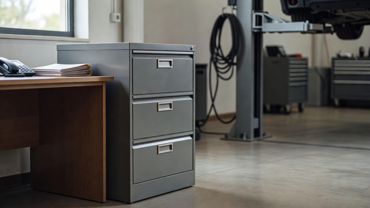 A locked filing cabinet in a auto shop office