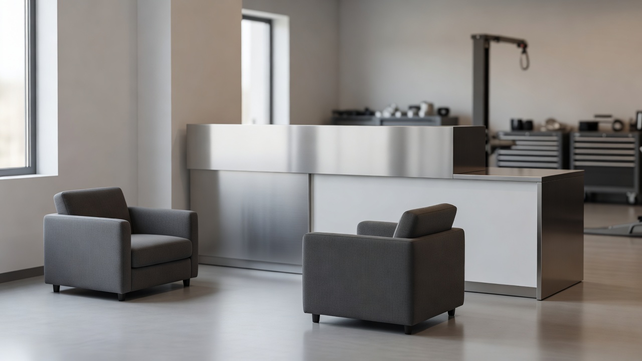 A tidy auto shop reception with seating and daylight