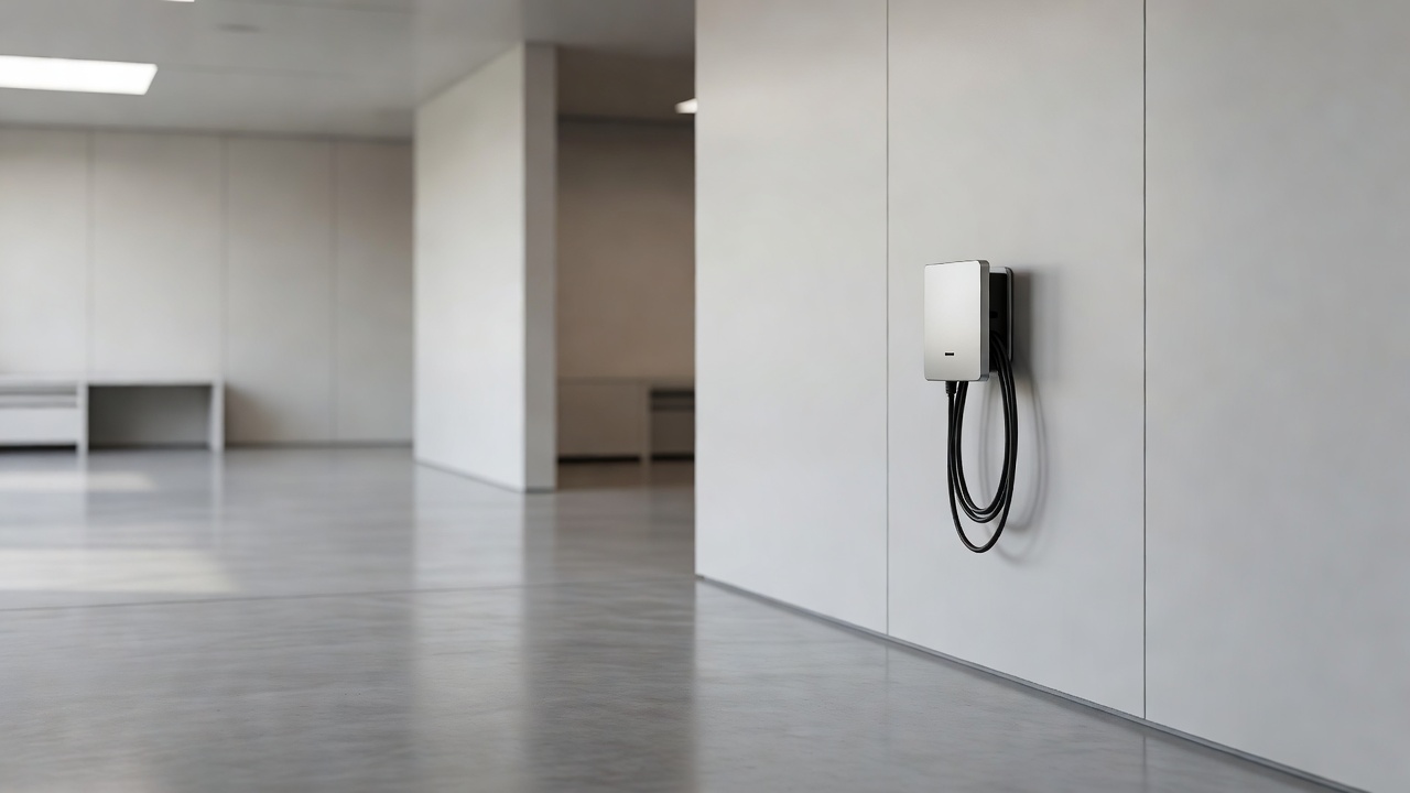 A modern auto shop bay with a charging point on the wall
