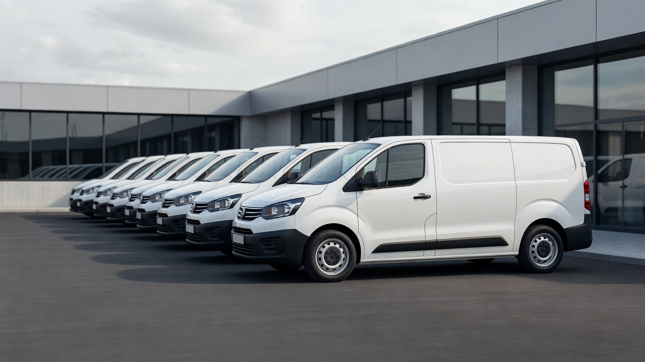 A row of identical white vans parked on tarmac