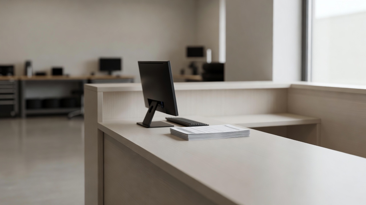 A auto shop reception desk with a screen and paperwork