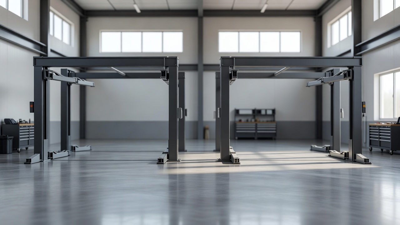 Empty service bays in a clean modern auto shop