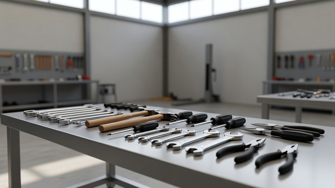 Tools laid out on a clean auto shop bench