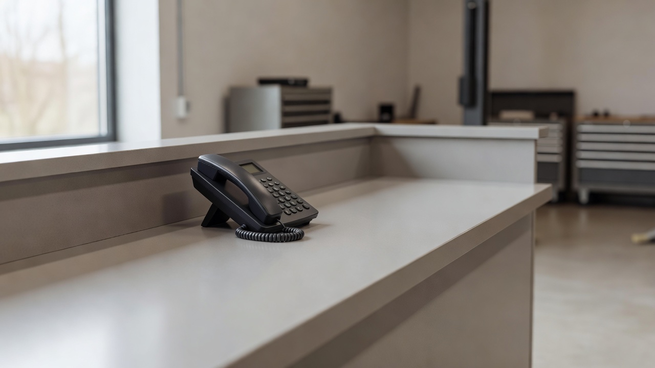 A desk phone on a auto shop reception counter