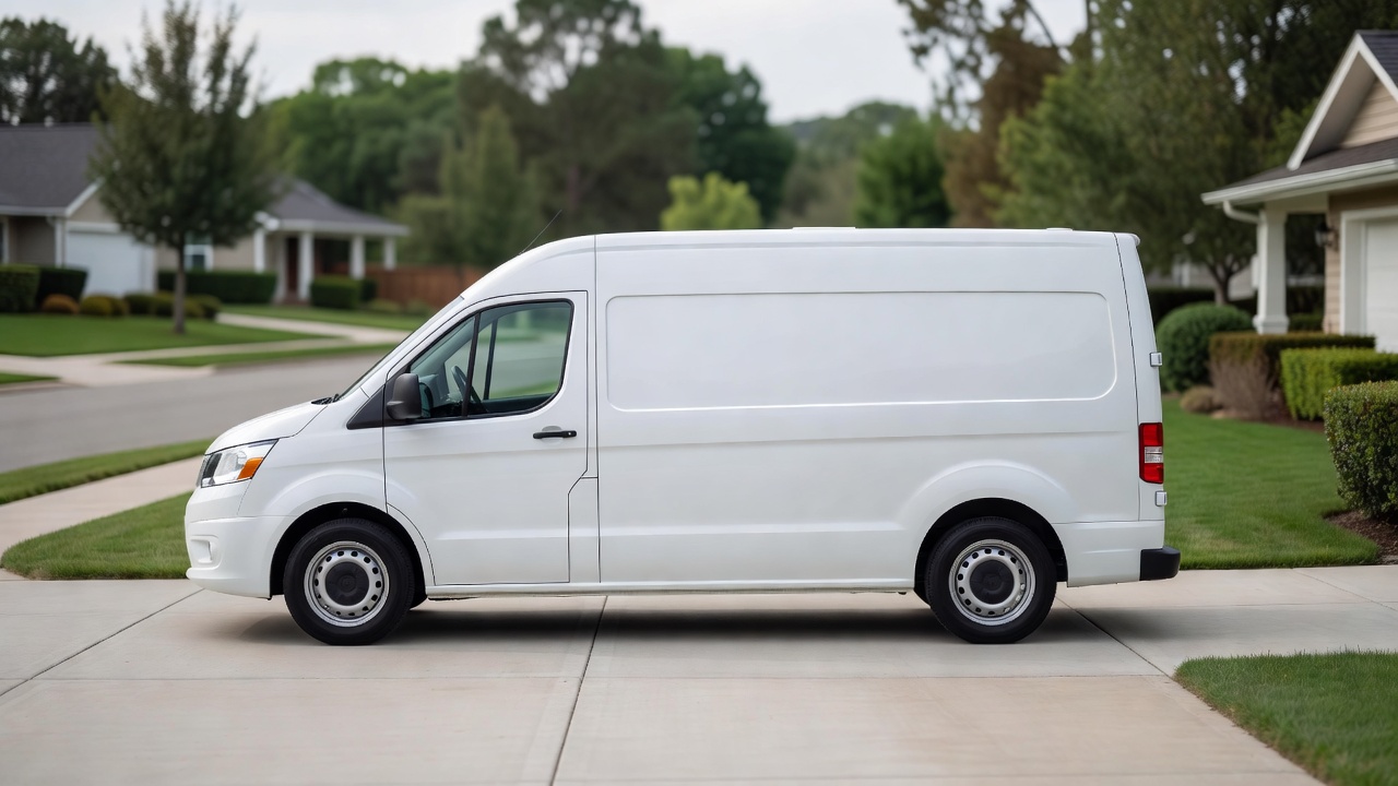 A service van parked on a residential driveway