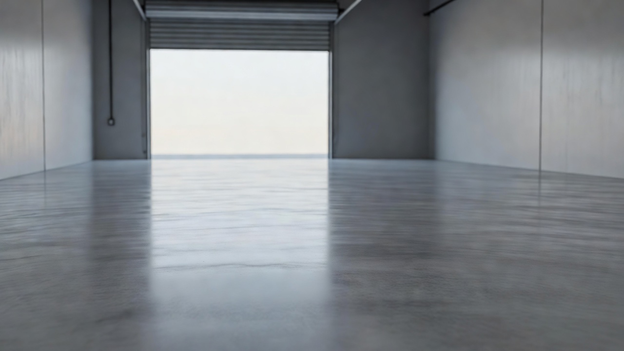 An empty auto shop bay with the door open
