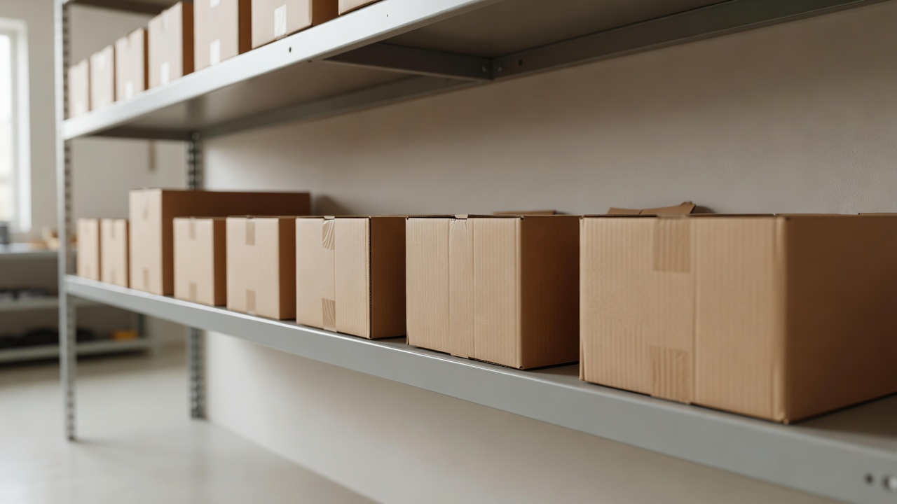 Boxed parts on a auto shop shelf