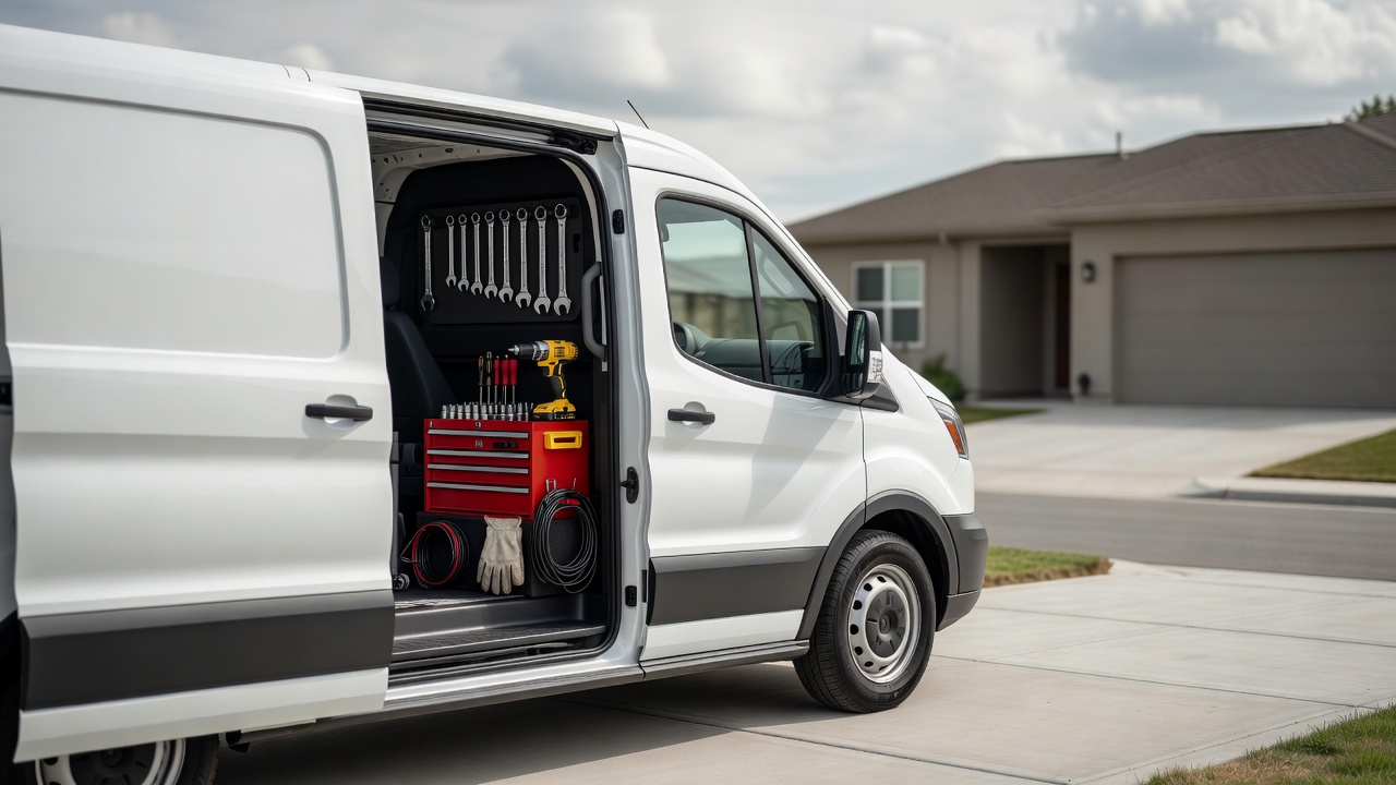A service van with its side door open on a driveway