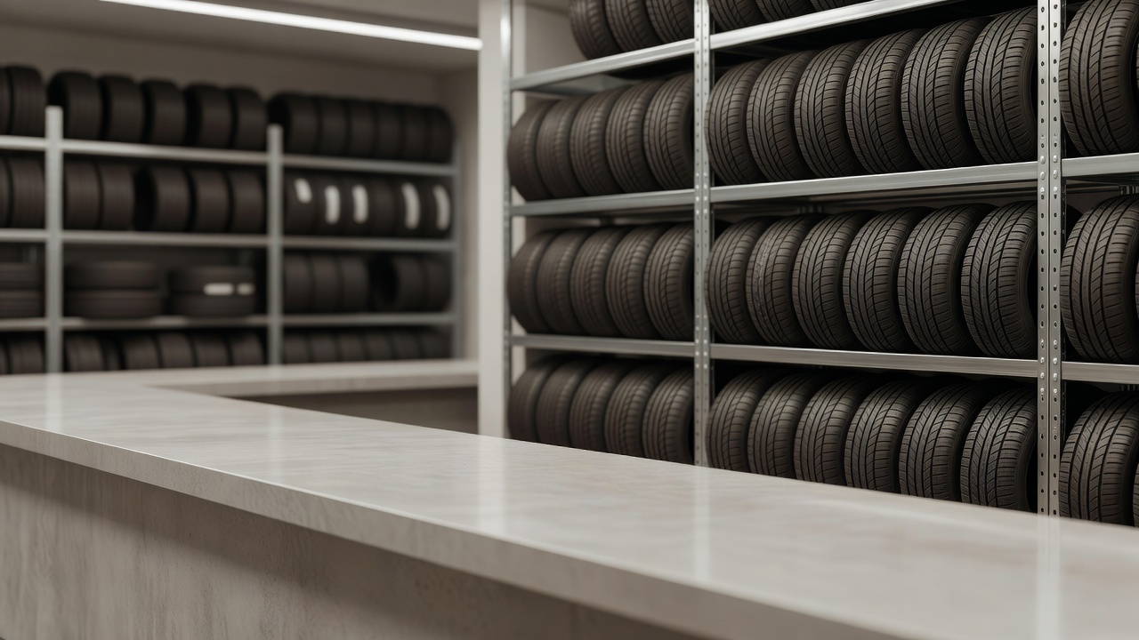A auto shop store with tires and a counter