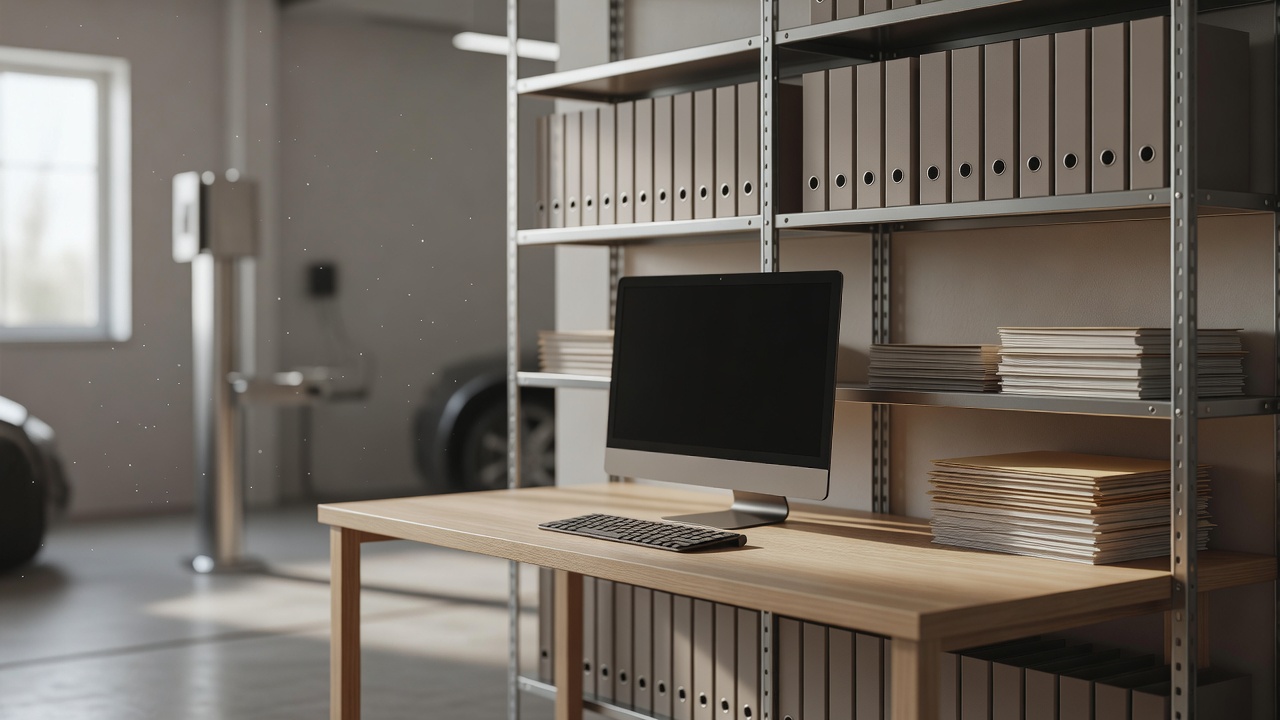 A auto shop office with a computer and filing