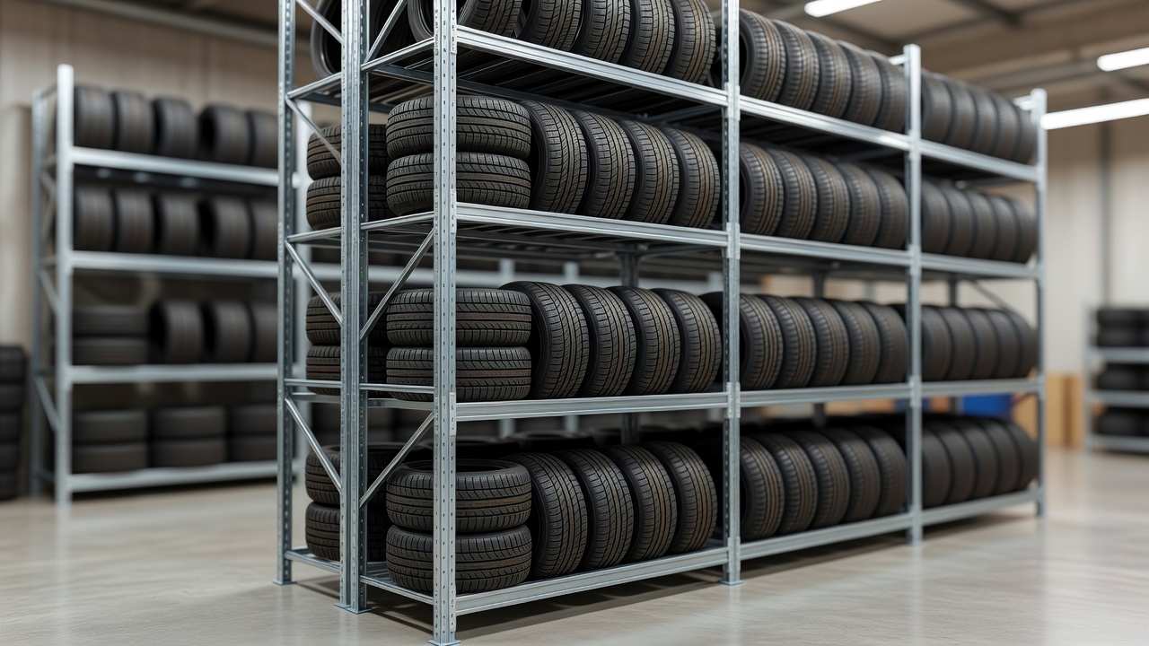 Tires stacked on warehouse racking in a auto shop store