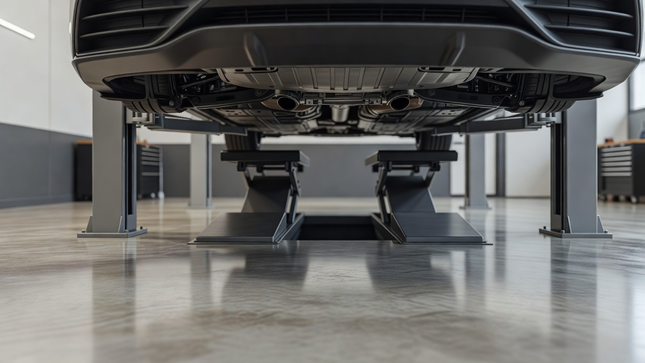 A car raised on a auto shop ramp seen from below