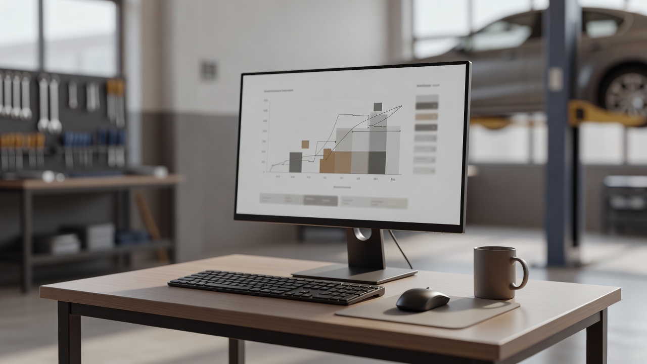 A auto shop office desk with a screen showing charts